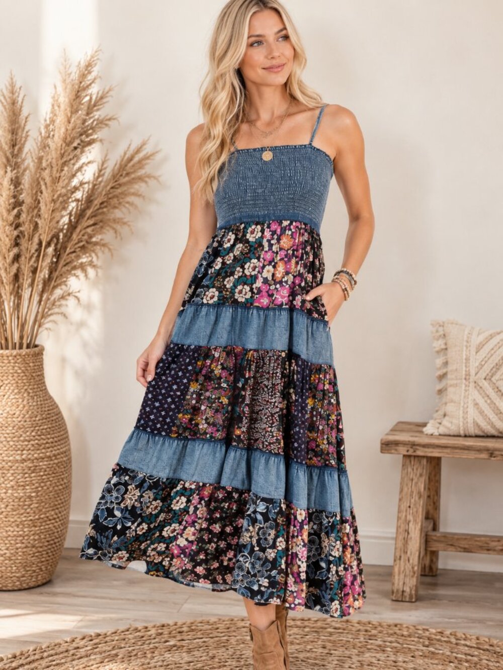 404. Women's Floral Patchwork Maxi Dress with Embroidery